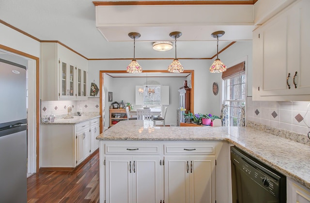 kitchen with dark wood-style flooring, white cabinets, a peninsula, dishwasher, and freestanding refrigerator