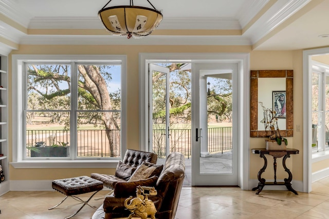 entryway with baseboards, french doors, light tile patterned floors, and crown molding