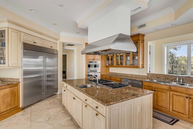 kitchen with an island with sink, glass insert cabinets, island exhaust hood, stainless steel appliances, and a sink