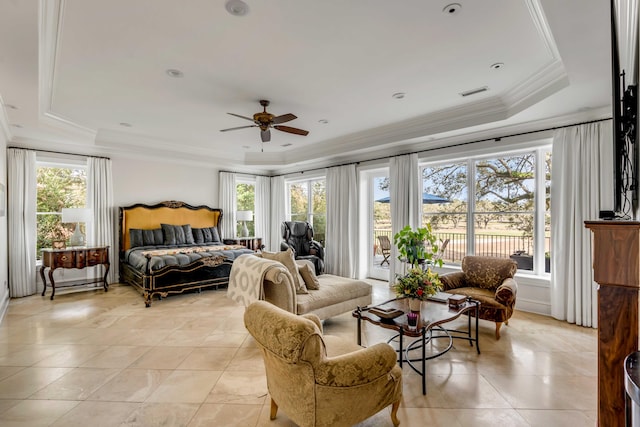 bedroom featuring a tray ceiling, crown molding, visible vents, light tile patterned flooring, and access to outside