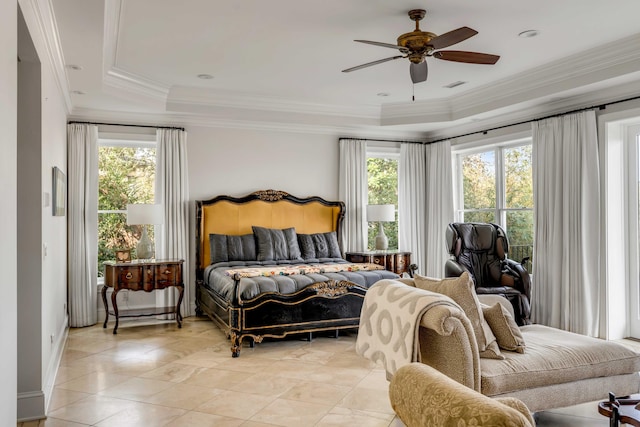 bedroom with multiple windows, light tile patterned flooring, visible vents, and crown molding