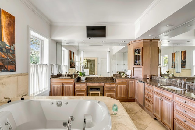 full bathroom featuring vanity, a wealth of natural light, and crown molding