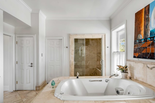 full bathroom featuring a whirlpool tub, ornamental molding, and tiled shower