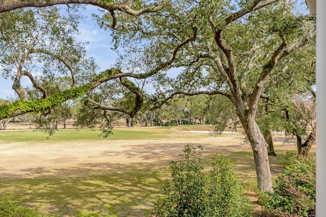 view of property's community with view of golf course and a lawn