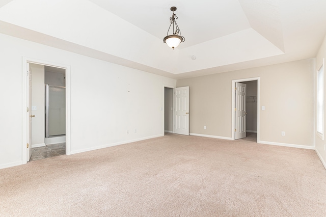 carpeted spare room with a raised ceiling