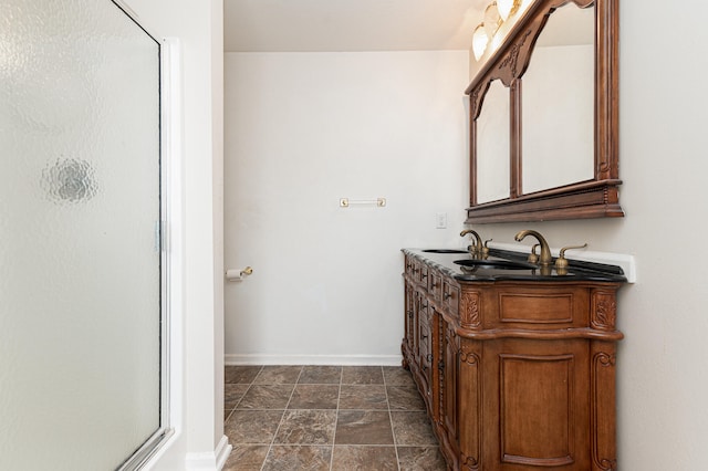 bathroom with oversized vanity, tile floors, and an enclosed shower