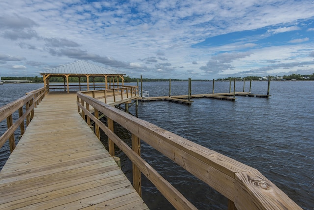 dock area featuring a water view and a gazebo