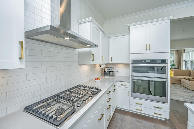 kitchen with white cabinets, appliances with stainless steel finishes, exhaust hood, and backsplash