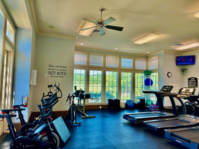 exercise room featuring ceiling fan and ornamental molding