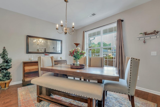 dining area featuring visible vents, baseboards, and wood finished floors