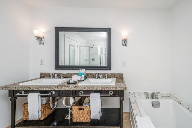 bathroom featuring plus walk in shower and vanity