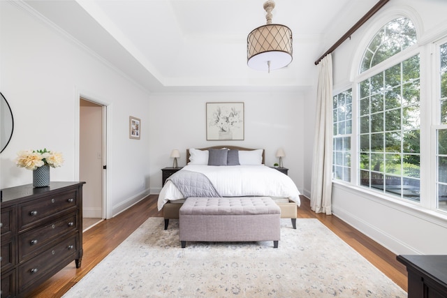 bedroom featuring dark wood-type flooring, multiple windows, and a tray ceiling