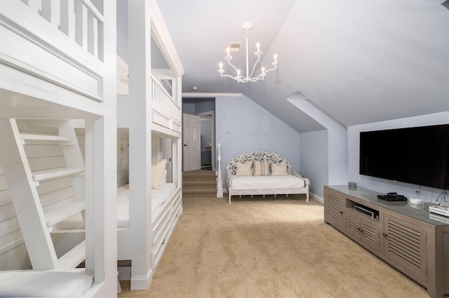 bedroom with a notable chandelier, light carpet, and lofted ceiling