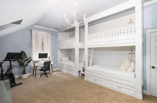 carpeted bedroom featuring a notable chandelier, lofted ceiling, and ornamental molding