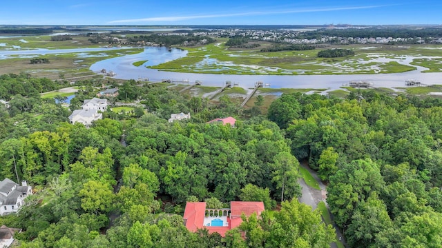 drone / aerial view featuring a water view