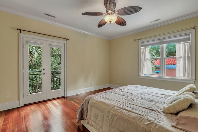 bedroom featuring access to exterior, ceiling fan, wood-type flooring, and french doors