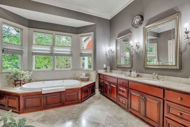 bathroom with a bath, crown molding, and vanity