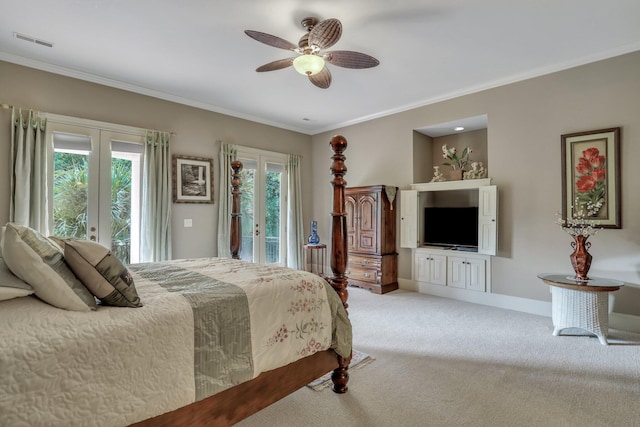 carpeted bedroom with crown molding, access to exterior, ceiling fan, and french doors