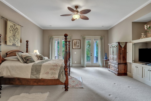 bedroom featuring crown molding, access to exterior, ceiling fan, french doors, and light colored carpet