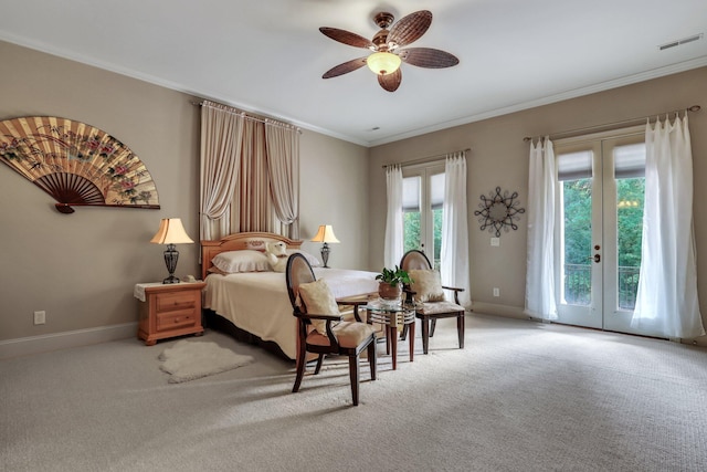 bedroom with french doors, carpet, access to exterior, ceiling fan, and ornamental molding