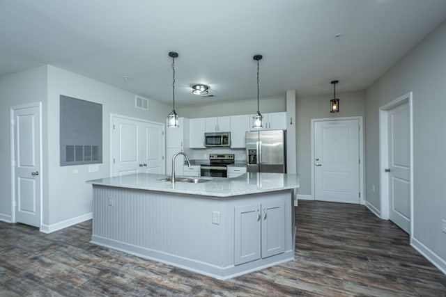 kitchen with white cabinetry, sink, a kitchen island with sink, and appliances with stainless steel finishes