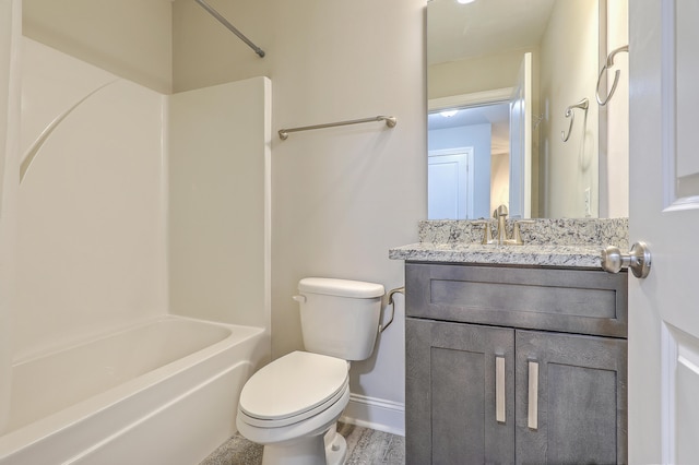 full bathroom with shower / bathing tub combination, vanity, hardwood / wood-style flooring, and toilet