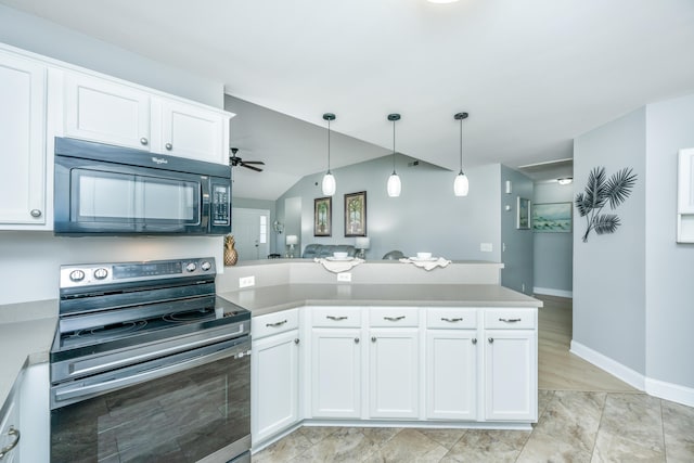 kitchen with kitchen peninsula, white cabinets, hanging light fixtures, and electric stove