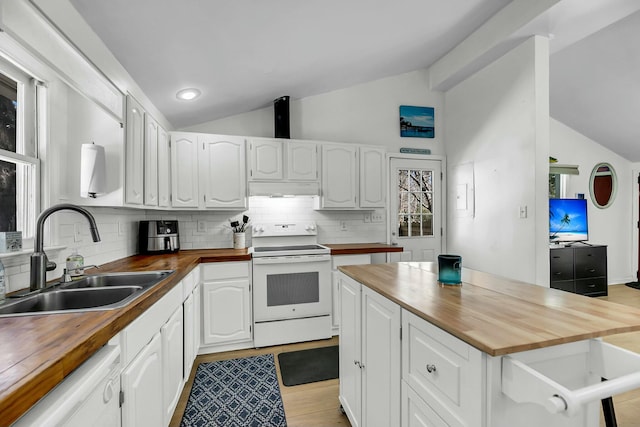 kitchen with a sink, wooden counters, white appliances, and vaulted ceiling