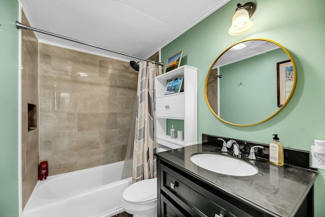 full bath with vanity, toilet, and shower / bath combo with shower curtain