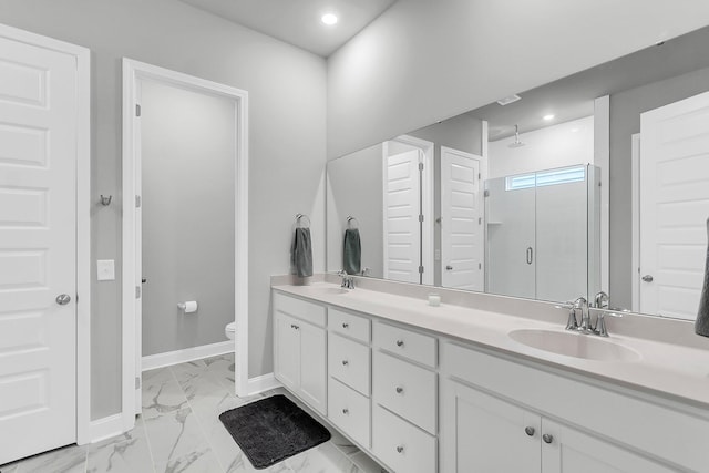 1017 Marsh Royal St, Summerville, SC 29485 - bathroom with a stall shower, double vanity, marble look tiles, baseboards, and recessed lighting