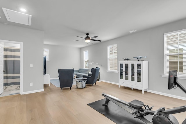 1017 Marsh Royal St, Summerville, SC 29485 - workout room featuring light wood-type flooring, ceiling fan, and baseboards