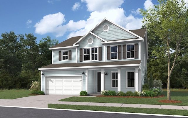 view of front of home with a garage and a front lawn