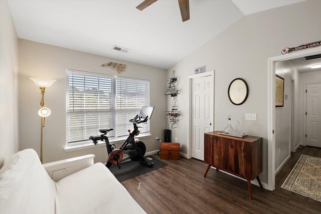 312 Kelsey Blvd, Wando, SC 29492 - workout area featuring wood finished floors, lofted ceiling, and a ceiling fan