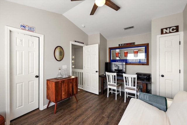 312 Kelsey Blvd, Wando, SC 29492 - home office featuring vaulted ceiling, wood finished floors, and a ceiling fan