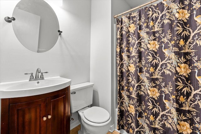 full bathroom with toilet, vanity, and a shower with curtain