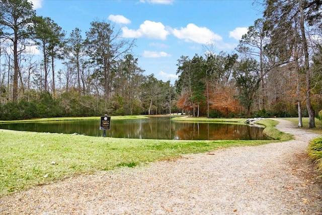 surrounding community featuring a water view and a lawn