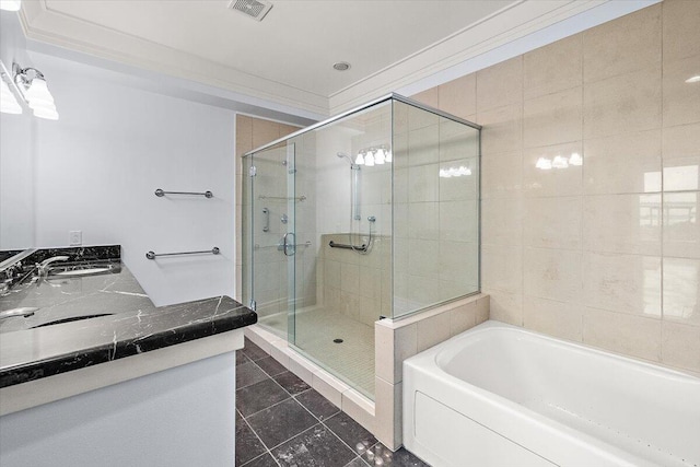 bathroom with separate shower and tub, crown molding, tile patterned flooring, and vanity