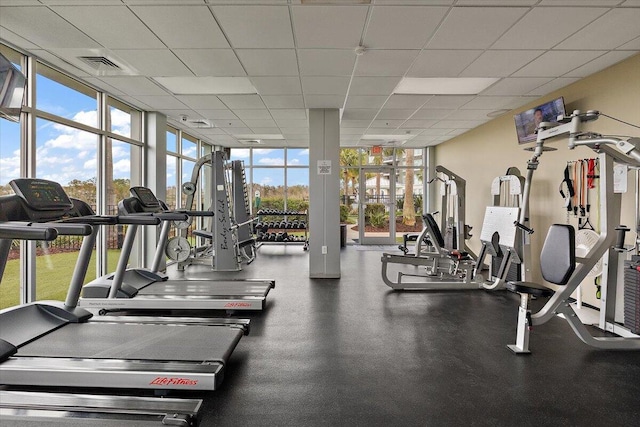 gym with floor to ceiling windows and a paneled ceiling