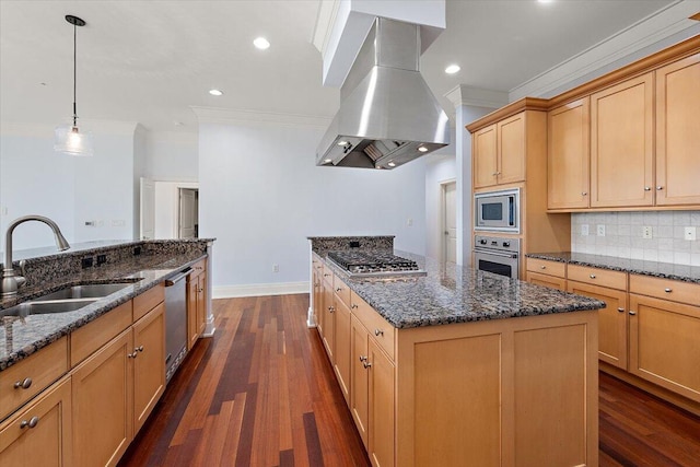 kitchen with sink, dark hardwood / wood-style floors, an island with sink, appliances with stainless steel finishes, and island range hood