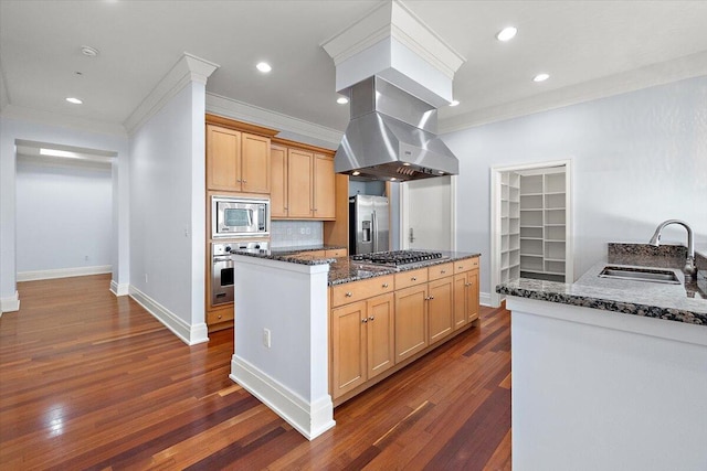 kitchen with light brown cabinets, dark stone countertops, sink, and appliances with stainless steel finishes