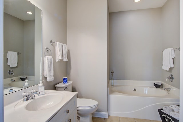 full bathroom with toilet, tile patterned floors, a garden tub, vanity, and recessed lighting
