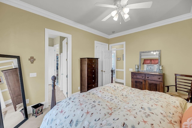 bedroom featuring light colored carpet, crown molding, baseboards, and ceiling fan