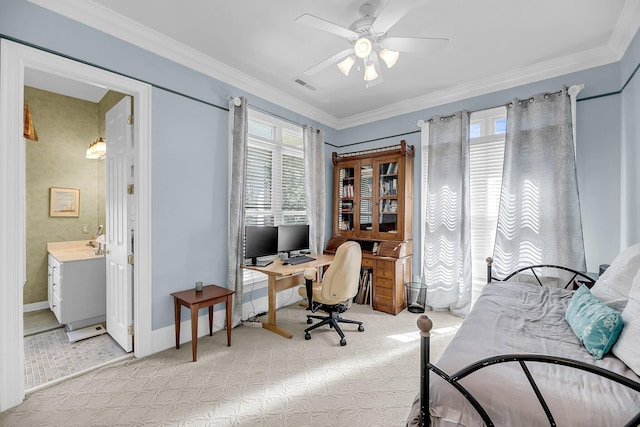 bedroom with visible vents, ornamental molding, a ceiling fan, light carpet, and baseboards