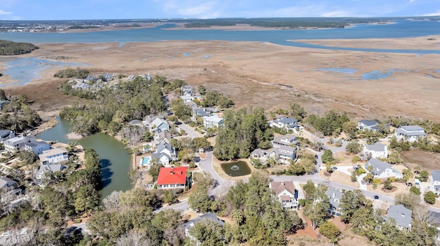 aerial view featuring a water view and a residential view