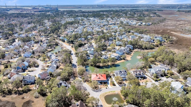 aerial view featuring a water view and a residential view