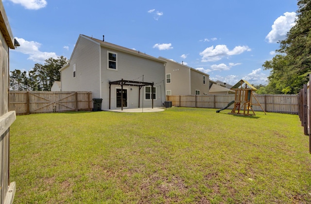 rear view of house featuring a pergola, central AC, a fenced backyard, a lawn, and a patio