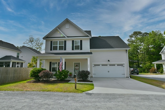 view of front of home featuring a garage, fence, concrete driveway, a front lawn, and a porch