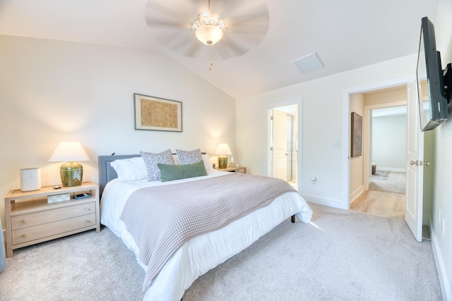 bedroom with carpet, a ceiling fan, baseboards, and lofted ceiling