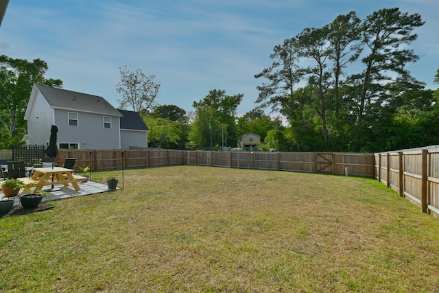 view of yard featuring a patio area and a fenced backyard