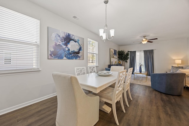 153 Wild Holly Dr, Moncks Corner, SC 29461 - dining room featuring dark wood finished floors, a chandelier, baseboards, and ceiling fan